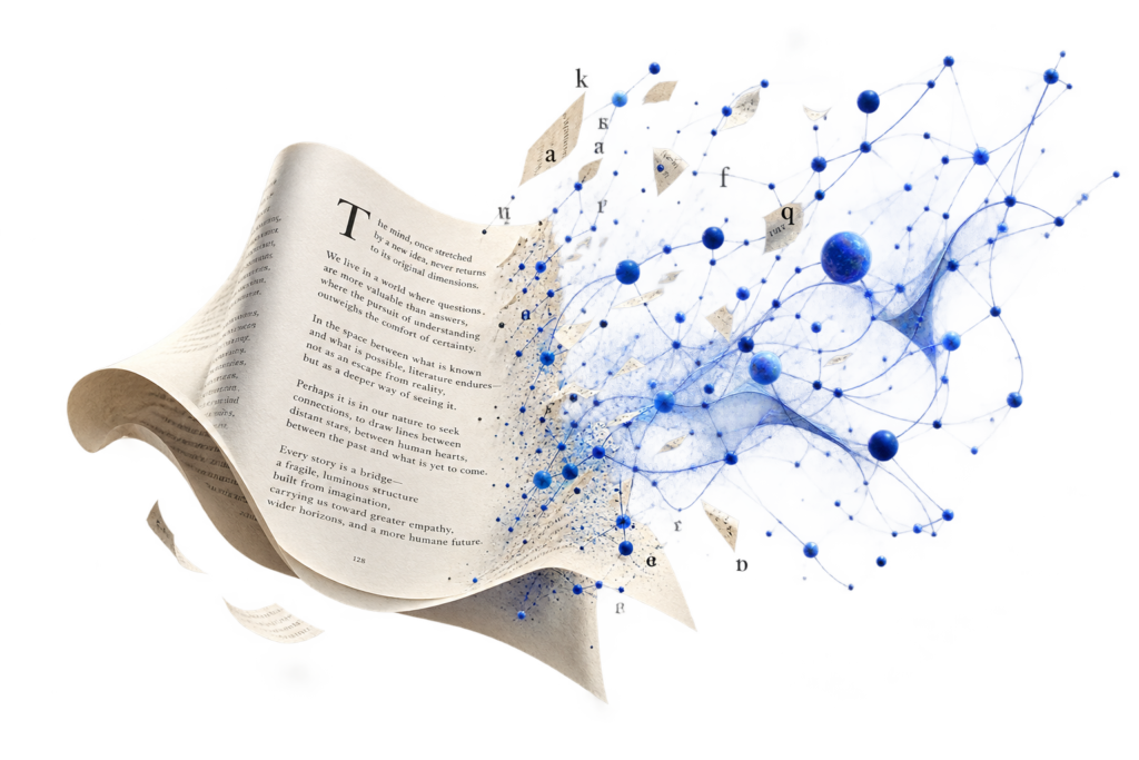 Livro aberto transformando-se em uma rede de conexões azuis